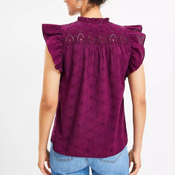 Loft Purple Petite Eyelet Ruffle Tie Neck Top Size S - Picture 3 of 7
